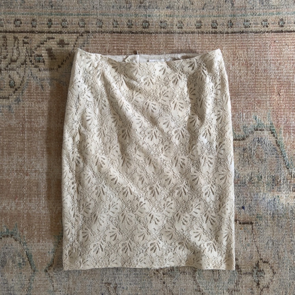 Coldwater Creek Ivory Floral Lace Pencil Skirt Womens 6 Cream Knee Length Lined